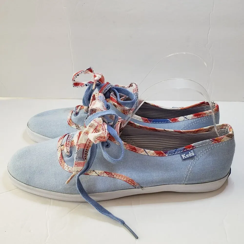 Keds Blue and Plaid Double Lace Canvas‎ Sneakers Shoes Women's 10 Summer Picnic